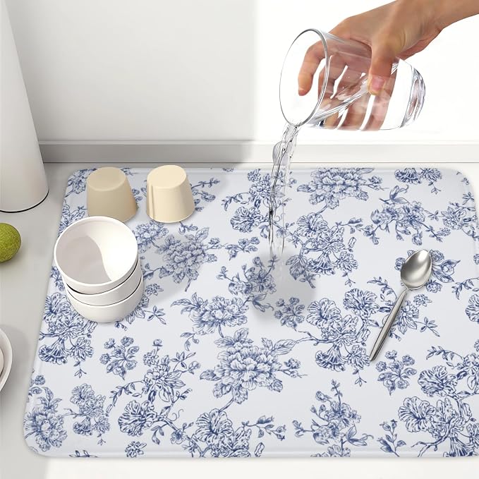 Blue Floral Dish Drying Mat for Kitchen Counter Chinoiserie Flower Microfiber Dish Drainer Mat Vintage Rustic Elegant Absorbent Washable Drying Pad Extra Large 18"x24"