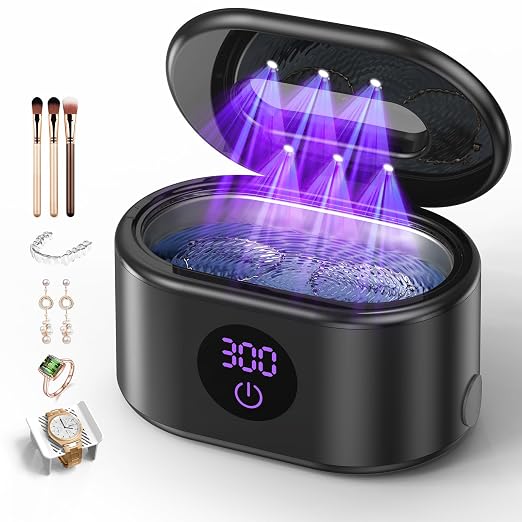 BYASKZIV Ultrasonic Jewelry Cleaner, 48KHz Ultrasonic Cleaner Machine with 20oz 304 Stainless Steel Tank, Dual Modes & LED Display - for Jewelry, Eyeglasses, Watches, Dentures, Retainers & More-Black