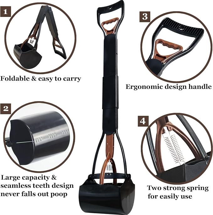 ienjoyed 2 Pieces Pooper Scooper, Large Pooper Scooper for Dogs Heavy Duty, Dog Pooper Scooper with Long Handle & High Strength Durable Spring, Foldable Dog Poop Pick Up(28-inch)