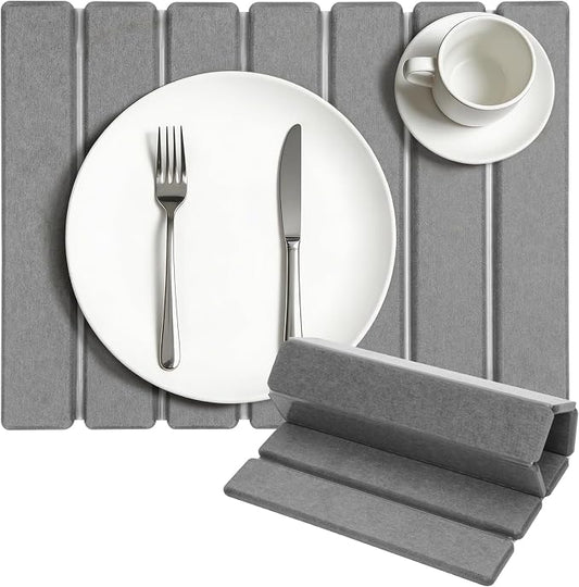 Stone Dish Drying Mat for Kitchen Counter, 16''×12'' Quick Dry Stone Dishes Mats Foldable Foldable Water Absorbing Diatomaceous Earth Drying Organizer Pad for Dishes Utensils Bottles(Dark Gray)