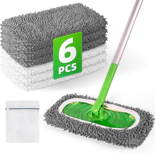 6 Pack Reusable Mop Pads for Swiffer, Microfiber Dry Sweeping Cloths | Compatible with Swiffer Sweeper Mop | Chenille Mop Refill Pads | Dry and Wet Pads Refill for Mopping Floors(Mop not Included)