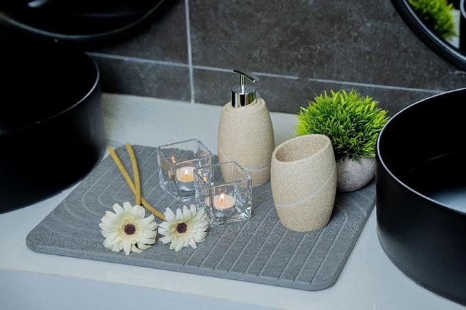 LIFSEZY- Stone Dish Drying Mat For Kitchen Counter, Super Absorbant Fast Drying Diatomaceous Earth Dish Drying mat, non slip, heat resistant, Gray, 15.3"" x 11.8''., sdm001