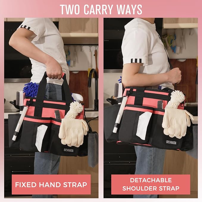 SCAVATA Compact Wearable Cleaning Caddy with Handle & Shoulder Straps | Small Cleaning Supplies Organizer, Under Sink & Car Cleaning Tools Storage Bag for Housekeepers Cleaners, Coral Pink