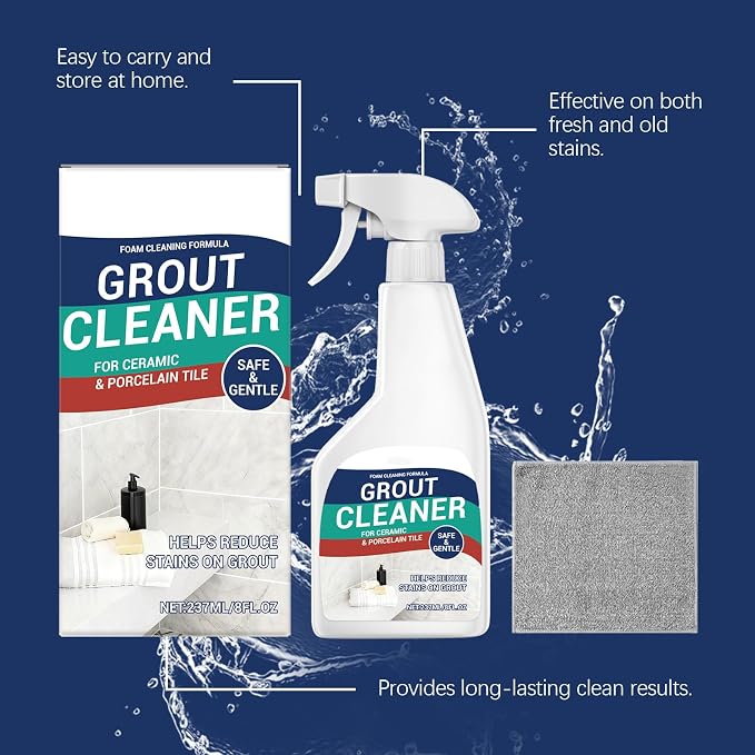 Grout Cleaner Spray 8 fl.oz, Foam for Ceramic & Porcelain Tile | Foam formula for tile grout, kitchen, bathroom & shower; helps remove stains & dirt; includes cleaning cloth; 8 fl.oz