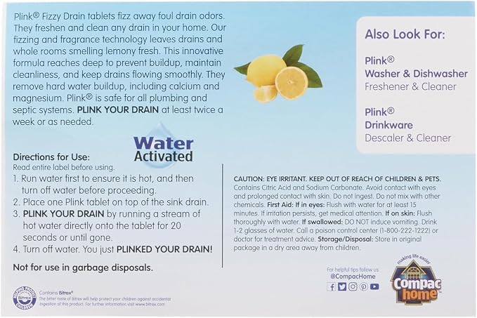 COMPAC HOME Plink Advanced Drain Cleaner & Deodorizer - Hard Water Scale Removal Technology with Fresh Lemon Scent, Family Size Bulk Pack for Kitchen Sinks & Garbage Disposals, 24 Tablets