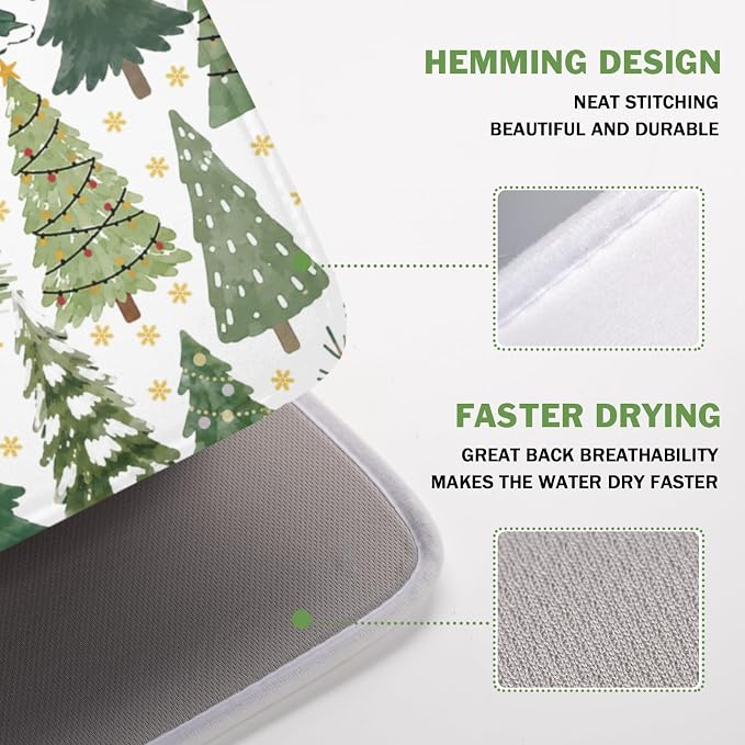 Christmas Dish Drying Mat 16x18 Inch Green Xmas Tree Winter Snowflake | Polyester，Absorbent Microfiber，for Kitchen Coffee Dining Bar Decor