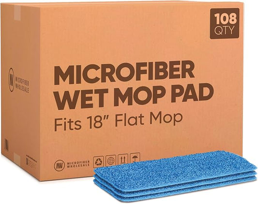 Microfiber Wholesale 18" Microfiber Wet Mop Pads, Bulk Case of 108 – Reusable, Machine-Washable Refills with Hook-and-Loop Backing – Fits Standard 18-Inch Flat Mop – Commercial Mop Pad Replacements