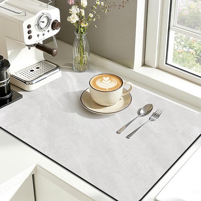 Findosom Dish Drying Mat, 12"x 20" Super Absorbent & Hide Stain Coffee Mat, Cuttable Drying Mat for Kitchen Counter, Coffee Bar Accessories, Under Dish Rack, Espresso Machine, LightGrey-2
