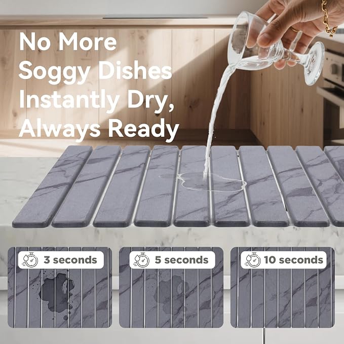 Stone Drying Mat for Kitchen Counter, 24"(L)×16"(W), Drying Matt Kitchen Counter, Quick Dry Stone Dishes Mats, Foldable Diatomaceous Earth Mat (Dark Gray)