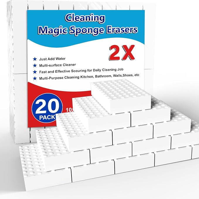 SmilinFit Magic Sponge Erasers, 20 Pack 2X Density Stronger Melamine Sponge Foam Pads, Multi-Functional Household Cleaning Supplies Cleaner for Kitchen, Bathroom, Bathtub, Sink, Wall Cleaner