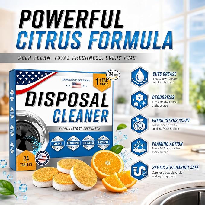 Garbage Disposal Cleaner Deodorizer Tablets, XL Foaming Citrus Sink Drain Disposal Cleaner Tablets Odor Eliminator, Grease Grime Food Residue Remover, Septic Safe, 24 Pack for 1 Year Supply