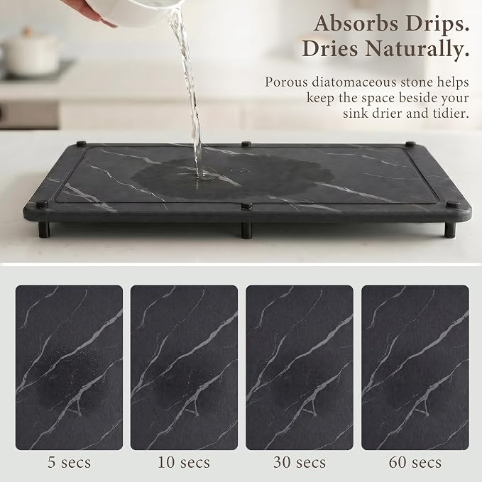 Large Stone Dish Drying Mat 24"x16", Black Stone Dish Drying Mats for Kitchen Counter, Diatomaceous Earth Dish Drying Mat, Quick Dry Dish Drying Stone Mat, Oversized Absorbent Board, Easy Clean