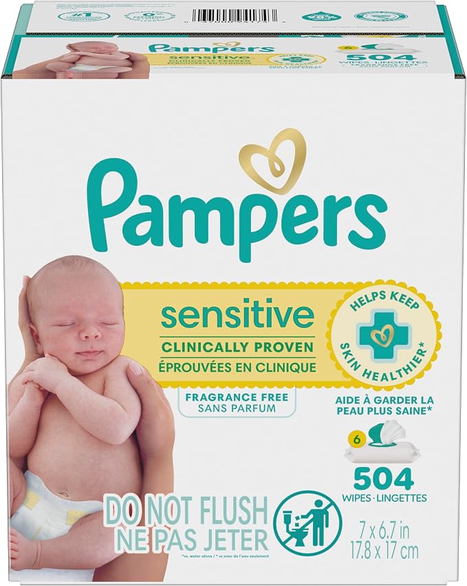 Pampers Sensitive Baby Wipes, Clinically Proven, Fragrance Free, Unscented, Water Based, Hypoallergenic, Multi-Use, Hand Wipes 504 Wipes Total (6X Flip-Top Packs) [Packaging May Vary]