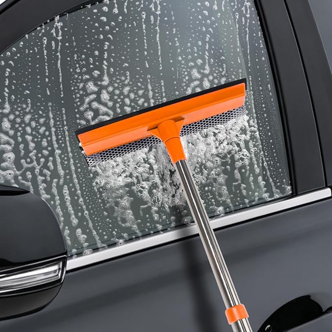 Conliwell 2 in 1 Car Windshield Squeegees with 15.3"-23.6" Retractable Stainless Steel Handle, Auto Glass Wiper Kit, Supplies Suitable for Trucks, SUVs, RVs Window, Orange
