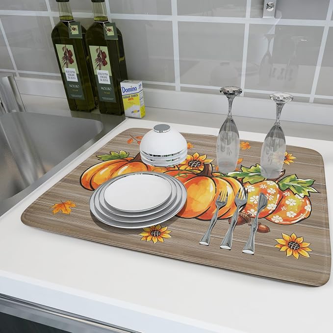 Fall Dish Drying Mat for Kitchen Counter Golden Pumpkin Microfiber Absorbent Dish Draining Reusable Washable Foldable Extra Large 18"x24"