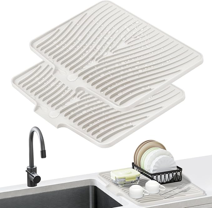 TIKNIK Silicone Dish Drying Mat for Kitchen Counter - Heat Resistant & Non-Slip Dish Drain Pad with Built-In Drain, Dishwasher Safe, Quick-Dry, Hangable & Roll-Up for Storage, Cream-2pcs, 16" x 12"