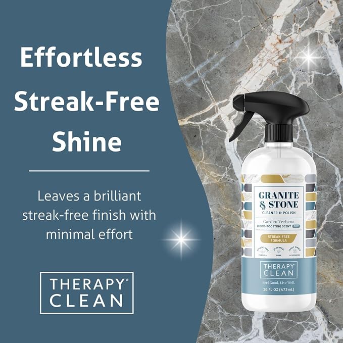 Therapy Granite & Stone Cleaner and Polish, pH Neutral, Marble & Quartz | Includes microfiber cloth. Safe for granite, marble, quartz, soapstone, slate, limestone, corian & laminate. Two 16oz