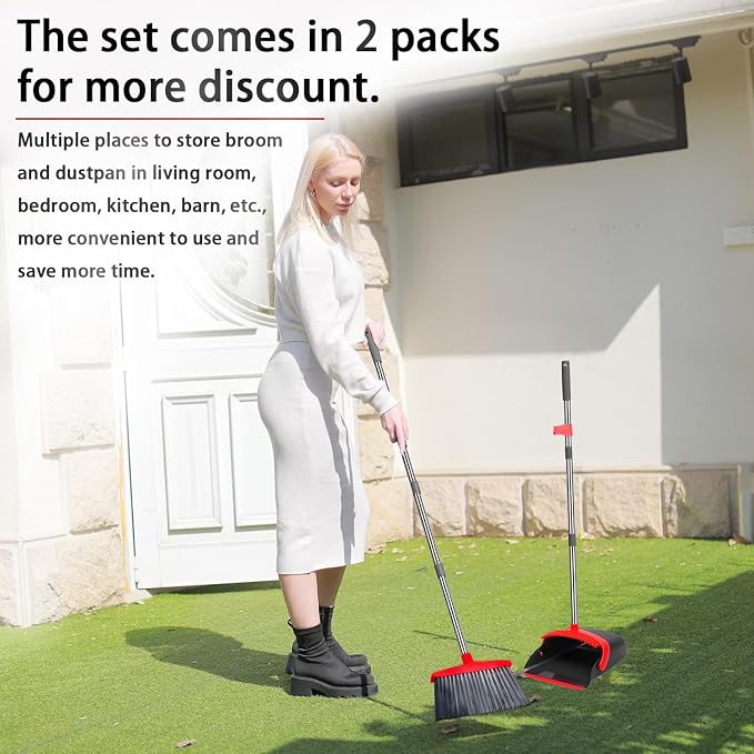 2-Pack is More economical,Brooms with Dustpan Combo Set， with 52" Long Handle, Dustpan Teeth with self-Cleaning Function, Indoor and Outdoor Sweeping, Perfect for Home Office (Large/Red /2-Pack)