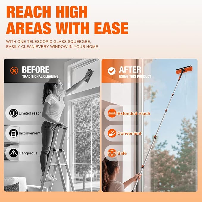 LAANPOLE 26FT Window Squeegee with Extension Pole, 2-in-1 Squeegee for Window Cleaning, Professional Cleaning Kit for Home with 20FT Telescoping Pole for Outdoor Indoor Use