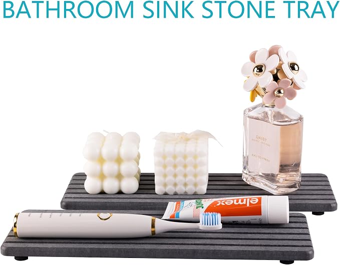 NiuYichee 2 PCS Water Absorbent diatomite Coasters, 12.2" x 4" Water Absorbing Stone Tray for Sink, Stone Drying mat for Kitchen Counter, Stone soap Tray Used for Hand Soaps & toiletries & Plants