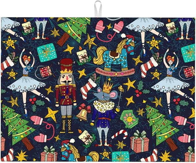 Christmas Nutcracker Dish Drying Mat for Kitchen Counter Cute Kitchen Christmas Dish Mat Microfiber Kitchen Countertop Absorbent Reversible Drainer Rack Pad