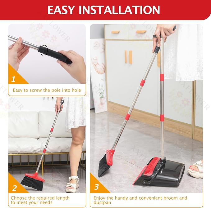 Broom and Dustpan Set,54.72"Long Handle,Standing Dustpan,Black&Red | Light Weight Stainless Steel Poles,Upright Dustpan with Broom Combo,for Home Kitchen Office Pet Dog Hair