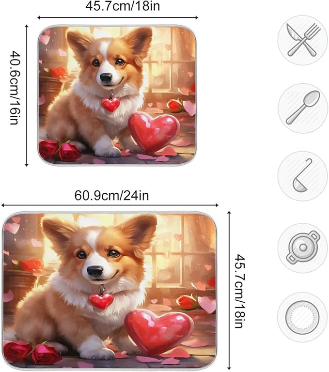 Dish Drying Mat Kitchen Counter Absorbent Valentine Corgi Coffee Sink Mat Dish Drainer Pad 18 Inch x 24 Inch