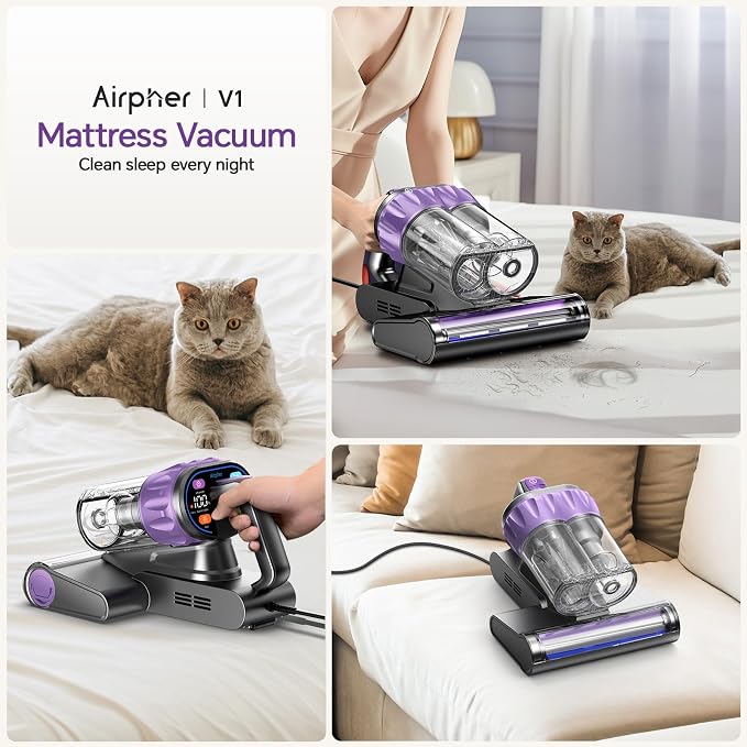 Bed Mattress Vacuum Cleaner - 20 kPa Suction,150°F Heat,Aroma,253.7nm UV-C | Smart Dust Sensor,40800RPM Roller Brush,Ultrasonic,500W Powerful Handheld,HEPA Filter,for Bed,Sofa,Couch