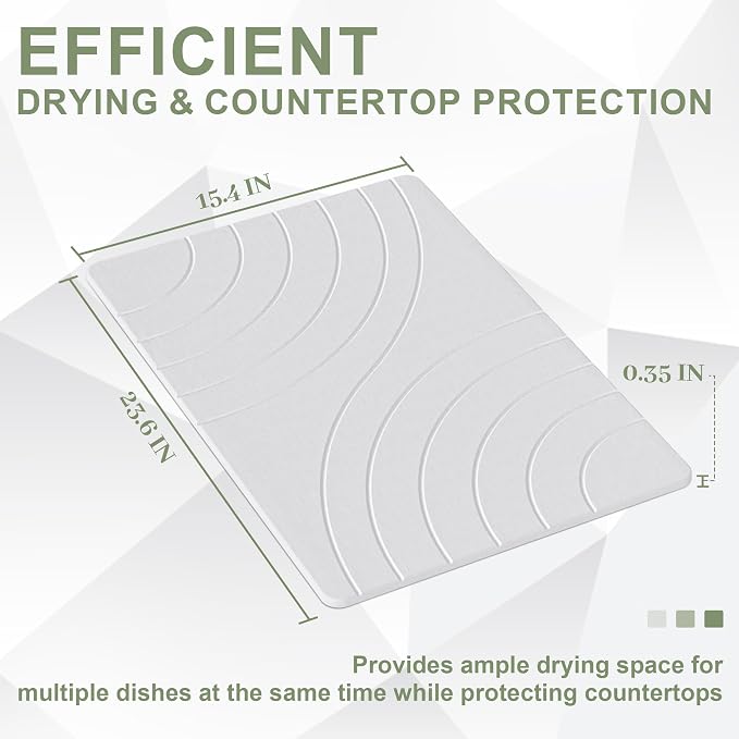 Large Stone Drying Mat for Kitchen Counter, 24" × 16" Diatomite Dish Drying Mat, Quick Dry Stone Mats, Ultra Absorbent Natural Diatomaceous Earth Mats for Dished, Bottles, White