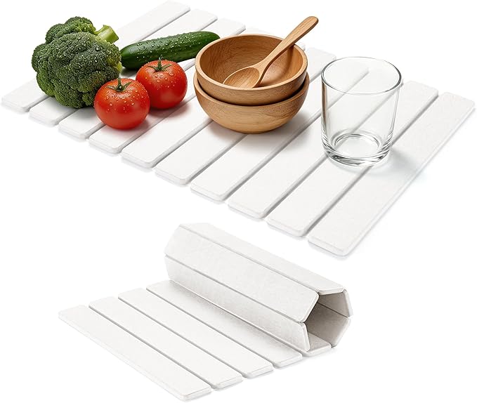 HABUTWAY Large Stone Dish Drying Mat for Kitchen Counter – 24"×16" Collapsible Diatomaceous Earth Mat, Ultra Absorbent & Quick Dry, Foldable Drying Pad for Dishes, Bottles, Cups (White)