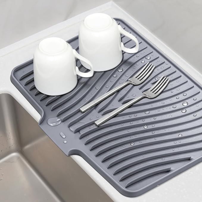 TIKNIK Silicone Dish Drying Mat for Kitchen Counter - Heat Resistant & Non-Slip Dish Drain Pad with Built-In Drain, Dishwasher Safe, Quick-Dry, Hangable & Roll-Up for Storage, Grey-1pcs, 20" x 15"