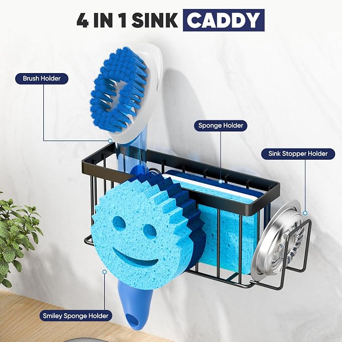 MURLONG Sponge Holder for Kitchen Sink,Sink Caddy Smiley Face,4-in-1 Sponge Holder with Suction Cups & 1 PCS Adhesive Strips for Holding Soap,Brush,Scrubber,Sponge,Stopper-Black