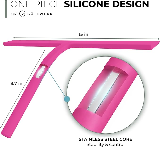 GÜTEWERK Silicone Shower Squeegee for Glass Doors & Mirrors with Stainless Steel Core, Streak-Free & No-Squeak Window Cleaning, 3-in-1 No-Drill Mount (Hook/Suction/Adhesive),Pink, 15 Inches