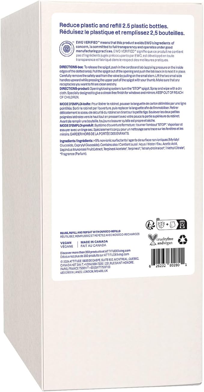ATTITUDE Window & Mirror Cleaner Refill, EWG Verified, Plant- & Mineral-Based, Vegan & Streak-Free Glass Spray, Citrus Zest Scent, 67.6 Fl Oz