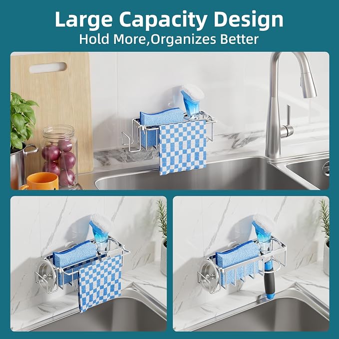 TAILI 4-in-1 Sink Caddy with Strong Suction Cup, Sponge Holder for Kitchen Sink Organizer, Removable, Rustproof, Stainless Steel Holder for Sponge, Brush, Scrubber, Scraper - Silver