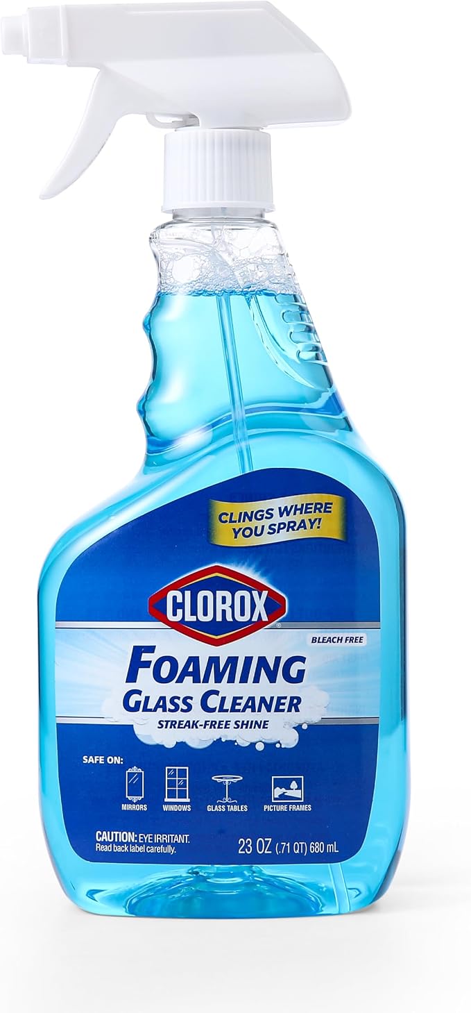 Clorox Foaming Glass Cleaner Trigger Spray Streak-Free No-Drip Formula Windows Mirrors Glass Surfaces All Purpose Household Cleaning Fresh Scent 23 OZ 2 Pack