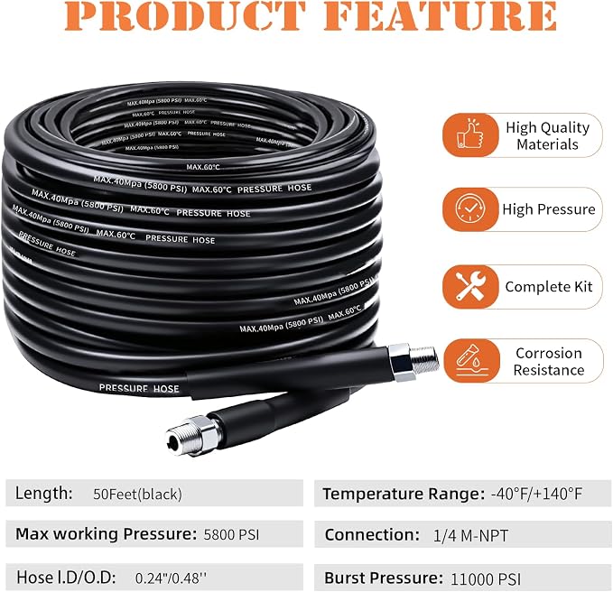 50FT Sewer Jetter Kit for Pressure Washer, 5800PSI Drain Cleaner Hose 1/4 Inch NPT Corner, Rotating and Button Nose Sewer Jetting Nozzles, Waterproof Tape and 2 Spanners (Black)