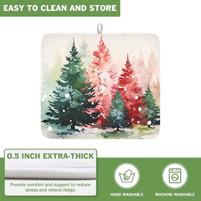 Christmas Dish Drying Mat for Kitchen Counter Xmas Theme Red Green Watercolor Trees Dish Drainer Mat Rustic Farmhouse Winter Holiday Absorbent Washable Drying Pad 16"x18"