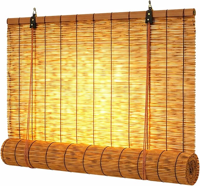 Bamboo Roman Shades for Windows 27 inch 30 inch 34 inch 46 inch Cordless Bamboo Blinds Blackout 70% Hand Woven Reed Roller Blinds with Lift for Inside Mount Privacy Screen(Brown,64" W x 36" H)