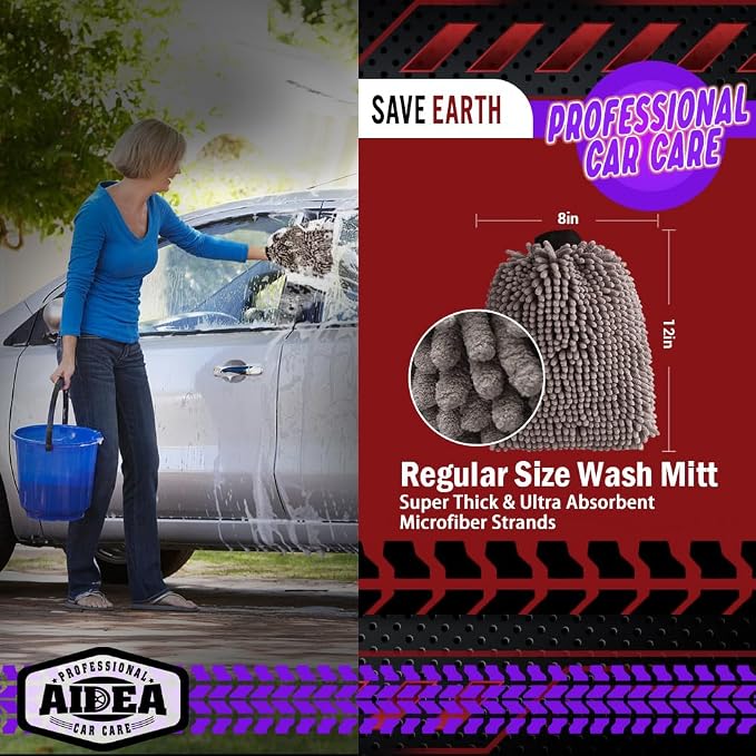 AIDEA Car Wash Mitt Microfiber, 2PK, Car Wash Brush, Grey, 8''X12'' | Scratch Free Lint Free Premium Chenille Microfiber Mitt, Cleaning Supplies, Extra Large Size