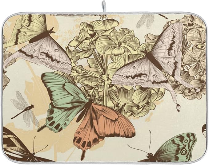 Super Absorbent Dish Drying Mat, Microfiber Fast-Drying Dish Mat, 16" x 18", Kitchen Dish Drying Pad, Retro Butterfly