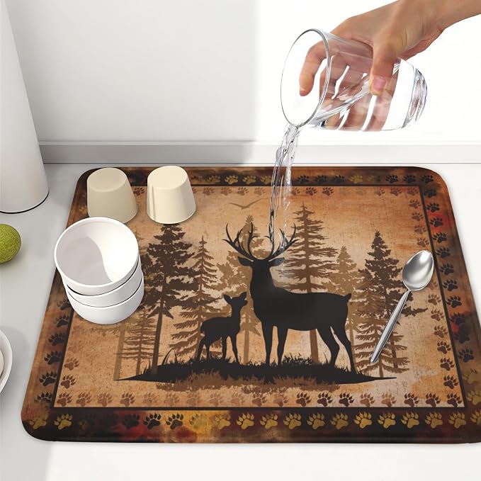 Giwawa Forest Deer Dish Drying Mat Wildlife Animal Dishes Pad 16"x18" Microfiber Absorbent Fast Dry Drainer Rack Mats for Kitchen Countertop Decor