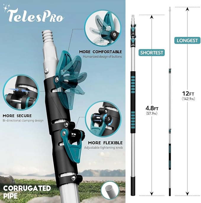 TelesPro 20 Foot High Reach Duster Kit with 5-12FT Extension Pole High Ceiling Dusting and Window Cleaning Kit with Telescopic Pole Window Washer&Squeegee,Cobweb Duster,Fan Duster and Feather Duster