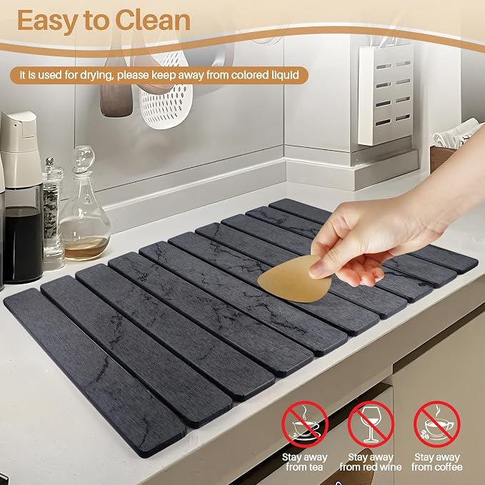 2 PCS Quick Dry Stone Dishes Mats for Kitchen Counter,Collapsible Quick Drying Dish Mats,Ultra Absorbent Diatomaceous Earth Mats for Dishes Bottles Cups, Match Any Countertop（Gray 24"×16"& 8"x4"）