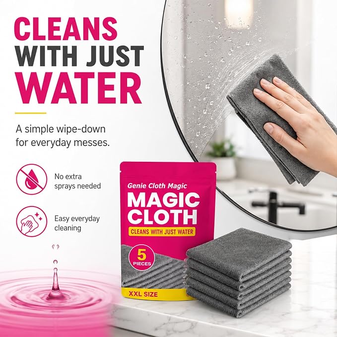 5 PackGenie Cloth Magic Cloth,Genie Magic Cleaning Cloth,Lint Free MicrofiberCleaning Cloths for Glass, Window, Kitchen,Stainless Steel,Cars & Screens,Reusable,5-Pack (1PCS)