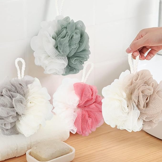 Fu Store Loofah Sponge Shower Loofahs 50g Bath Sponges Mesh Balls 4 Colors for Body Scrubber Exfoliator Wash Back Scrubbers Bathroom Men Women 4 Pack Cleaning Bathing Accessories
