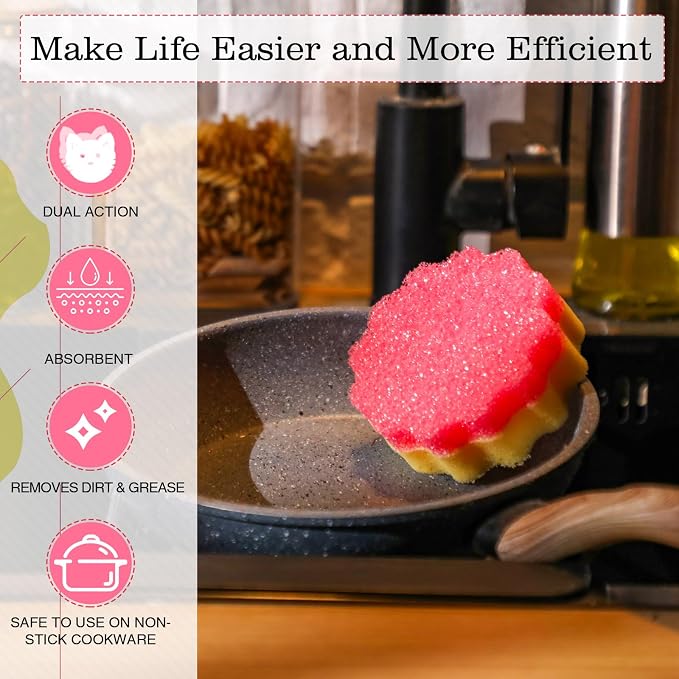 FillTouch 3 Pcs Dual Sided Scrub Sponge Multi Functional Cute Temperature Sensitive Non Scratch Dish Sponge for Washing Dishes Kitchen Bathroom(Flower,Pink)