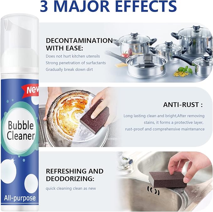 Rednow (100ML*3PCS) Bubble Cleaner Foam,Foaming Heavy Oil Stain Cleaner,All-Purpose Rinse-free Cleaner Spray,Kitchen Deep Cleaning Spray,Powerful Stain,Stubborn Grease & Grime Remover Bubble Spray