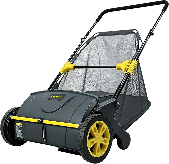 Push Lawn Sweeper, 21-Inch Width, 3.5 Cu. Ft. Hopper Capacity, 4 Spinning Brushes, Adjustable Height, Durable Steel Frame with Rubber Wheels, Yellow