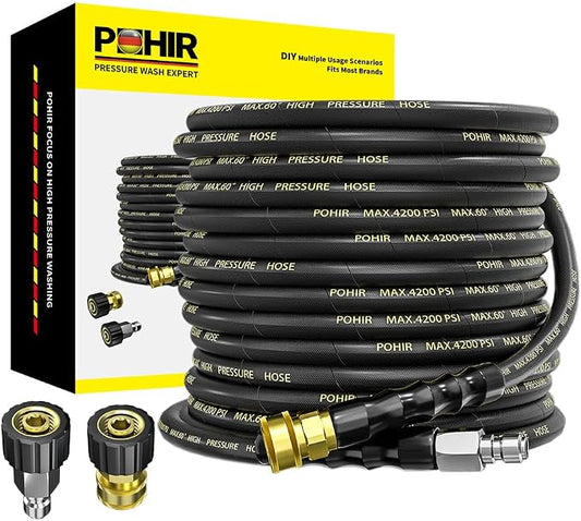 Pressure Washer Hose 50 ft with 3/8 Inch Quick Connect, Kink Resistant High Tensile Wire Braided,with 2 pcs M22 14mm Adapter Set, 4200 PSI Power Washer Hose | POHIR 2pcs 3/8'' QC to M22 14mm Adapters, 4200PSI Power Washing Hose 1/4’’ ID, No-Kink&No-Bur...